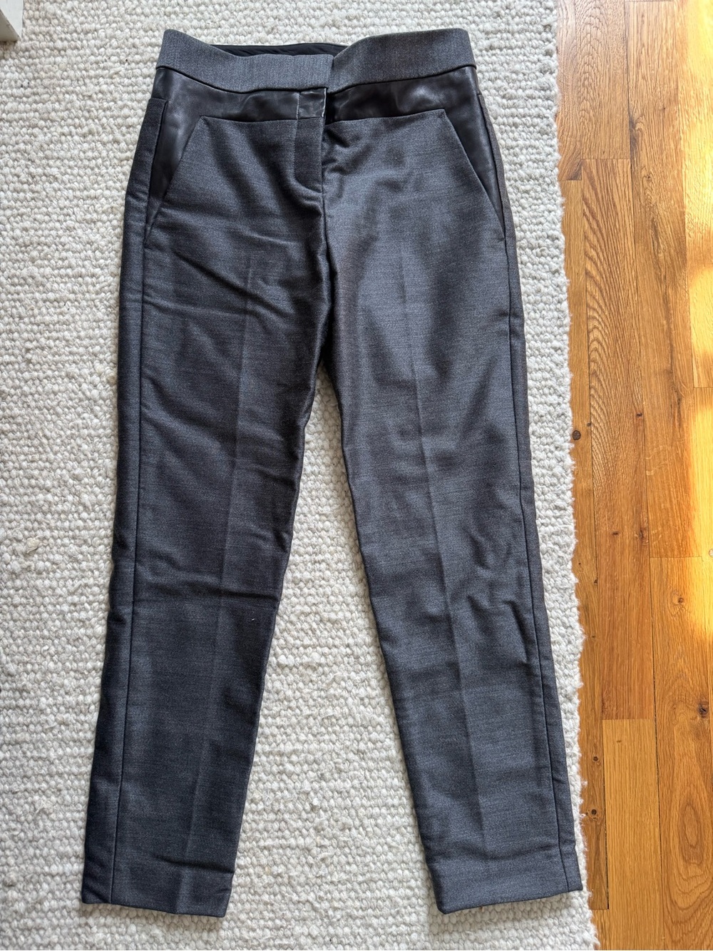 Alexander Wang grey wool trousers with leather detail, size 0